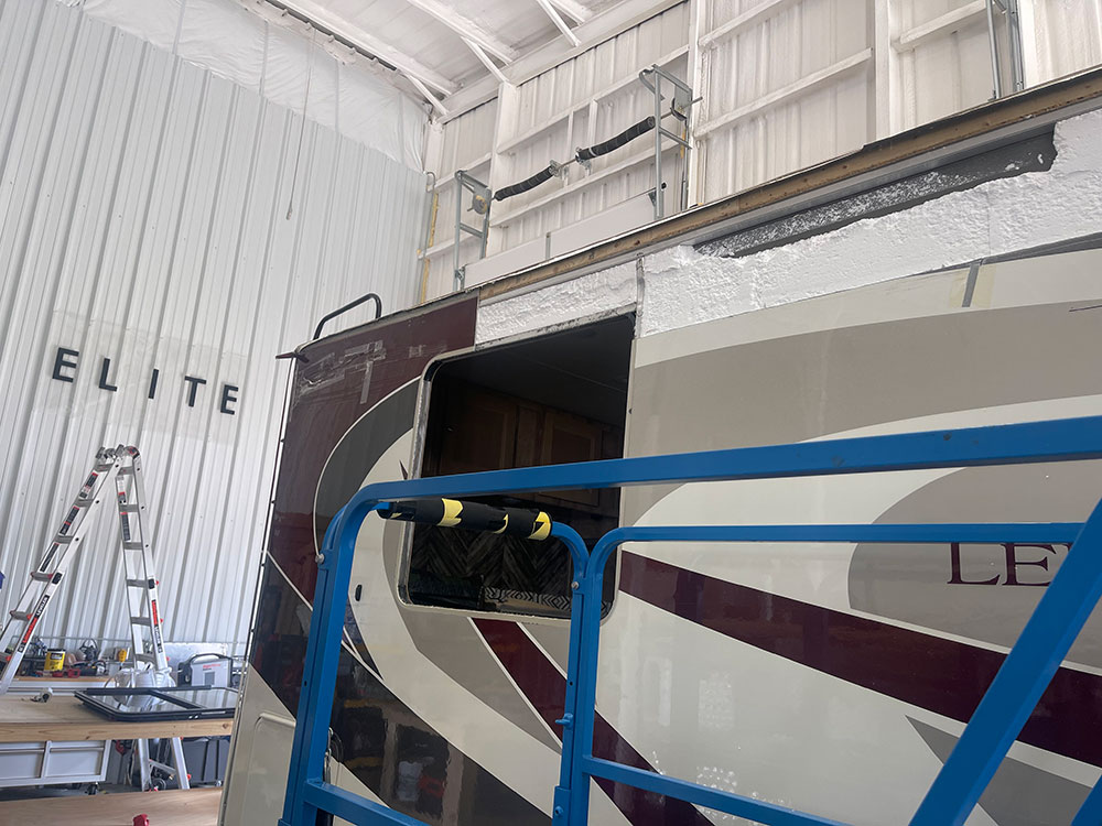 rv undergoing side wall replacement at elite rv repair