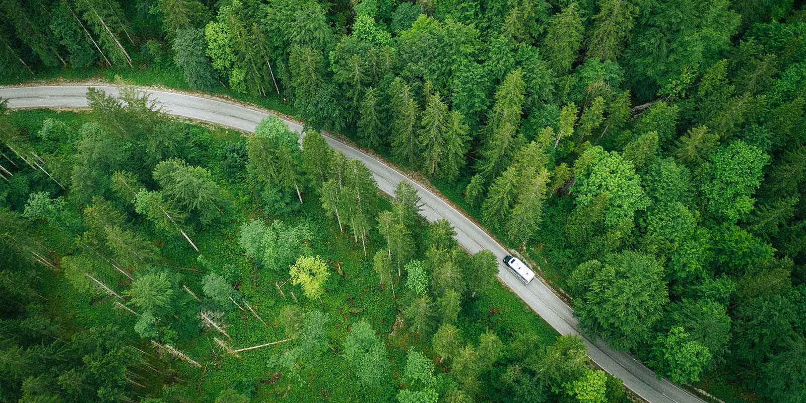 aerial image of rv driving on forest road