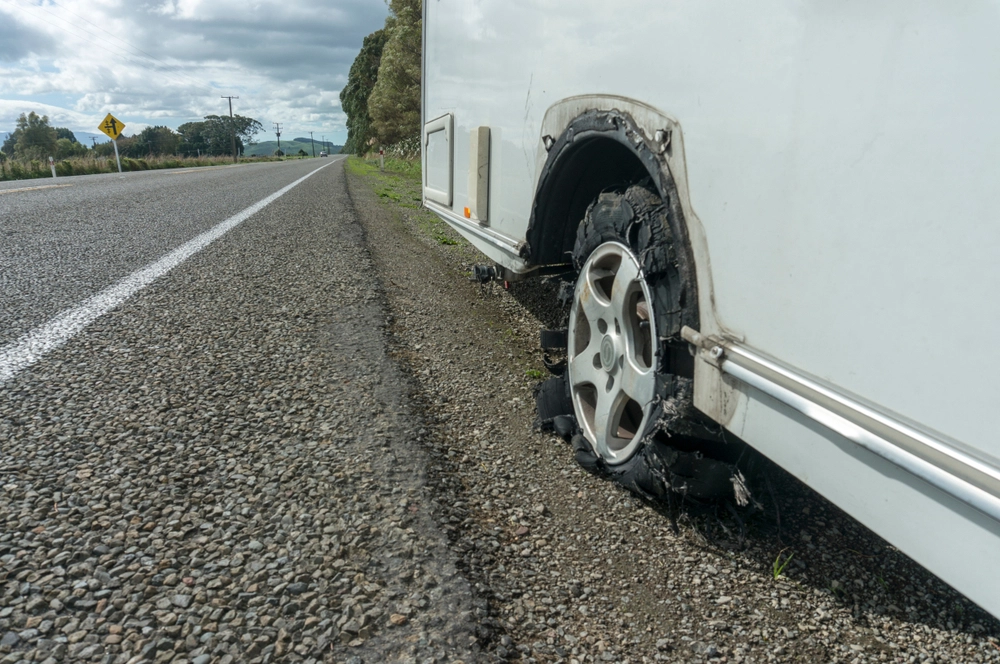 rv on the side of a highway with a tire blowout