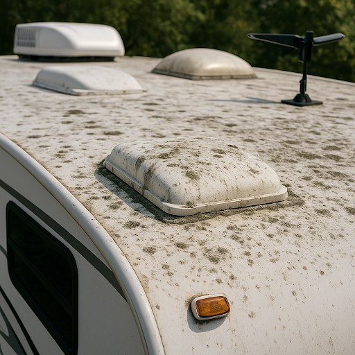 Close-up view of a dirty RV roof covered in dark mold, mildew, and grime buildup, showing various roof components like vents, an air conditioner unit, and an antenna—highlighting the need for thorough roof cleaning and maintenance.